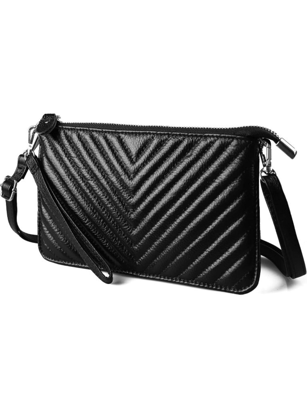 Women's Quilted Black Leather Wristlet Clutch Phone Wallet Small Crossbody Purse